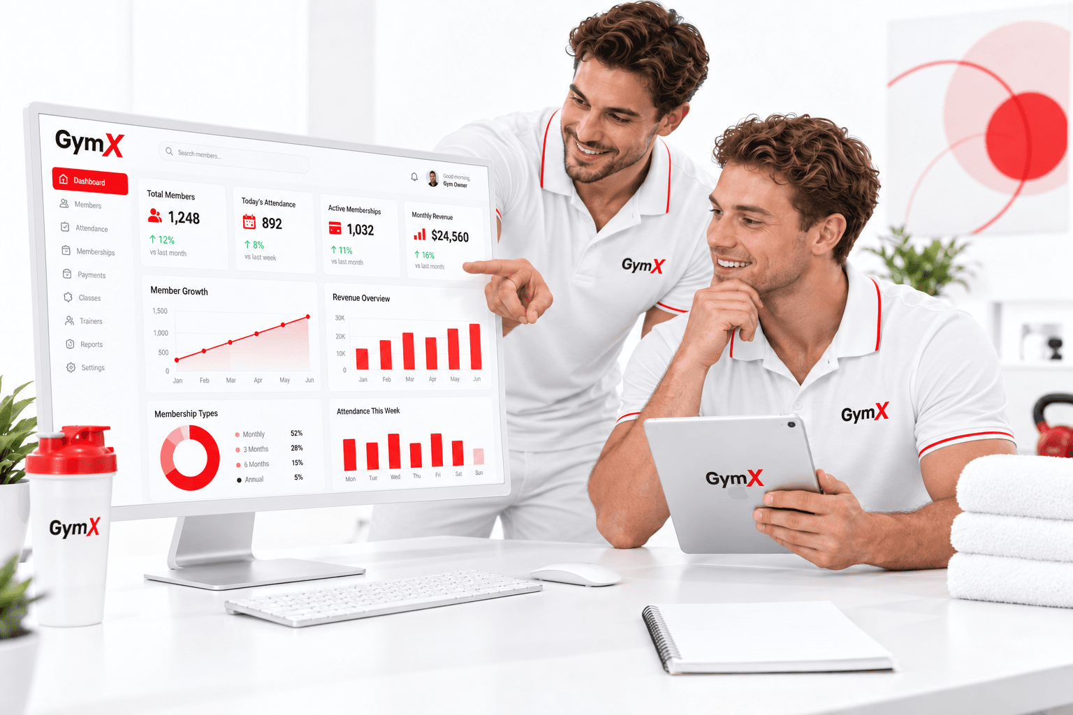 GymX dashboard showing members, revenue, attendance, and mobile check-in